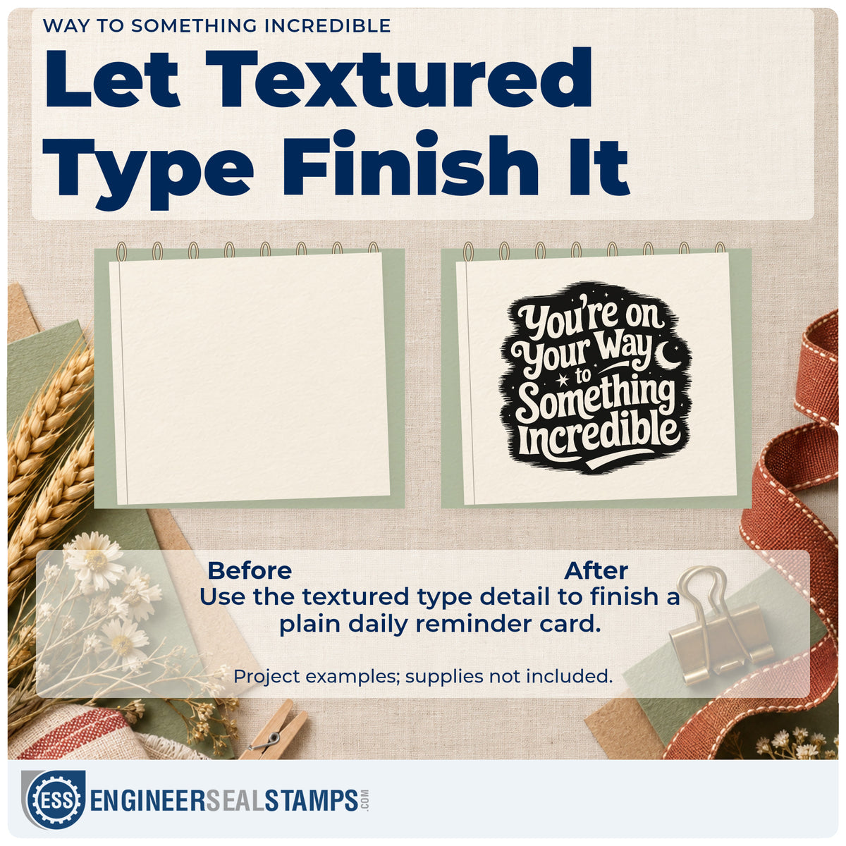 Before and after of a plain item finished with the You're On Your Way To Something Incredible Slim Pre-Inked Stamp, a quick upgrade for framed bedroom desk.