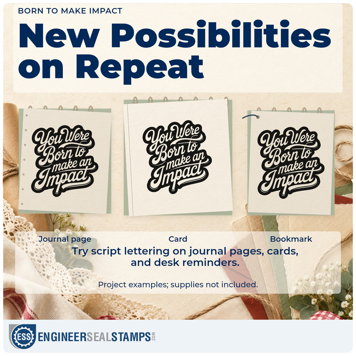 Three project examples made with the You Were Born To Make An Impact Rubber Stamp – Duo Hand, including shift rota sheet.