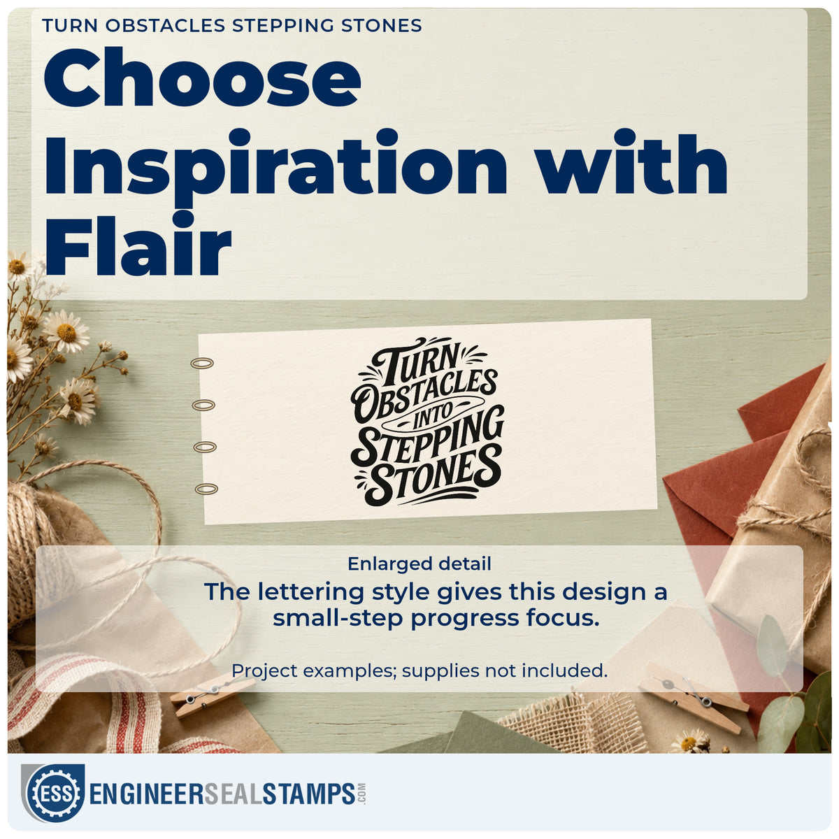 Enlarged detail of the Underlined Stepping Stones Motivation Rubber Stamp – Duo Hand imprint. TURN OBSTACLES INTO STEPPING STONES appears in bold decorative lettering with underlines.