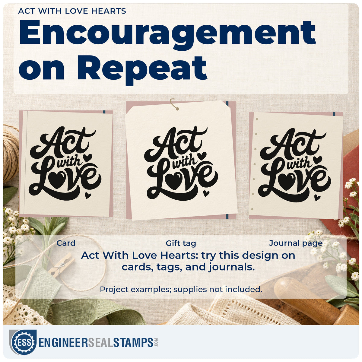 Three project examples made with the Act With Love Hearts Premium Wood-Mounted Stamp – Vintage Pro, including meal signup sheet.