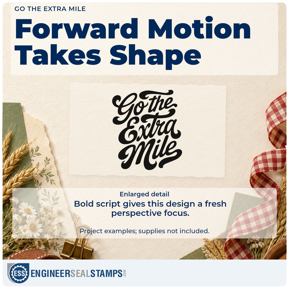 Enlarged detail of the Go The Extra Mile Hand Stamp – Duo imprint. Go the Extra Mile appears in bold decorative script.