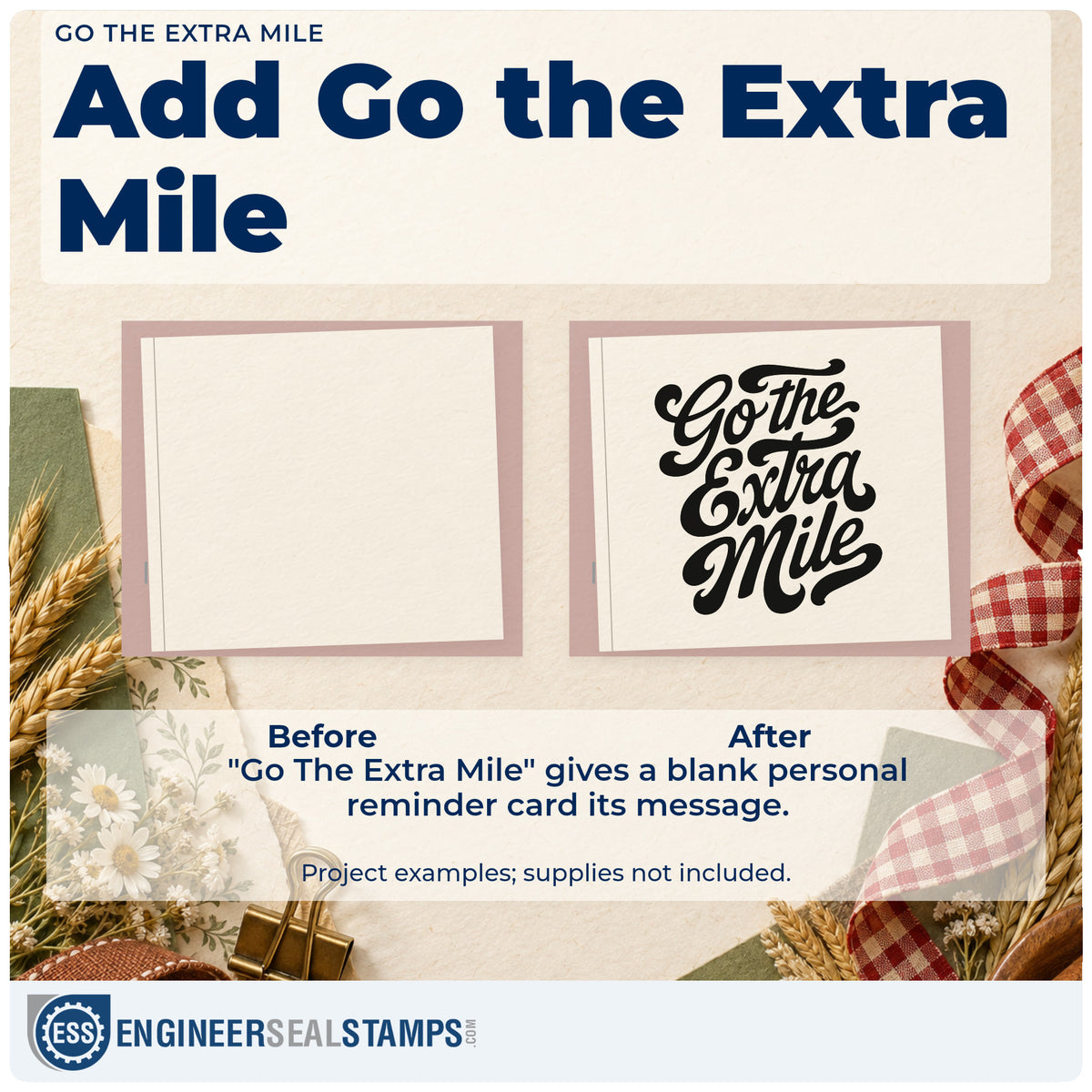 Before and after of a plain item finished with the Go The Extra Mile Hand Stamp – Duo, a quick upgrade for framed depot corner.