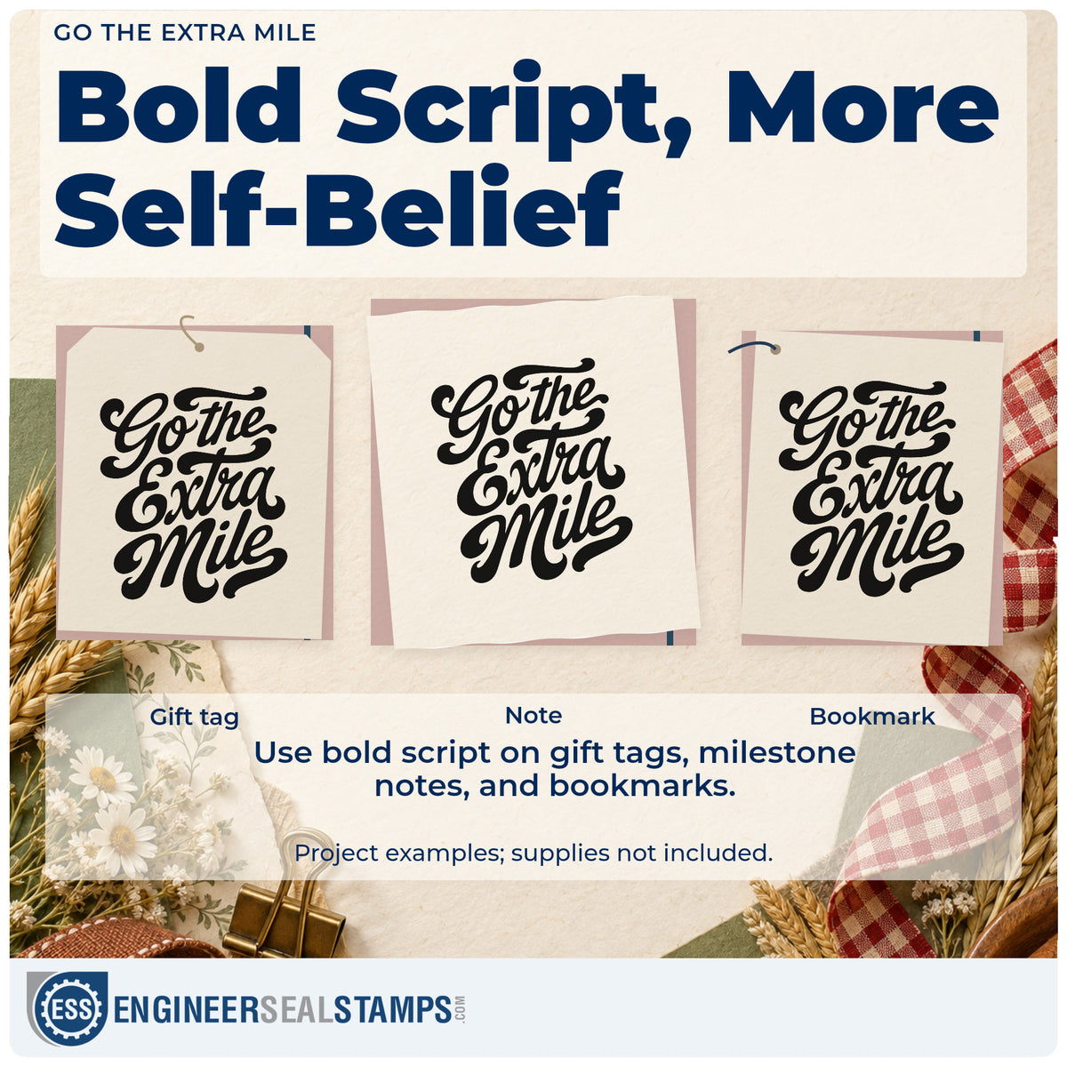 Three project examples made with the Go The Extra Mile Hand Stamp – Duo, including drop list sheet.