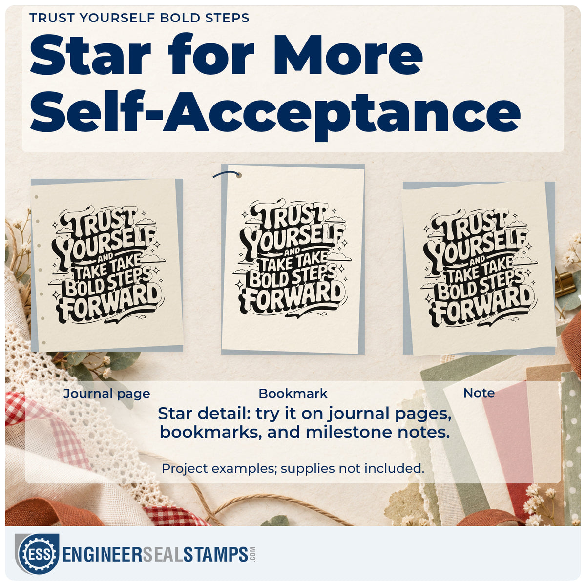 Three project examples made with the Trust Yourself Bold Steps With Sparkles Compact Pre-Inked Stamp – Slim, including practice day sheet.