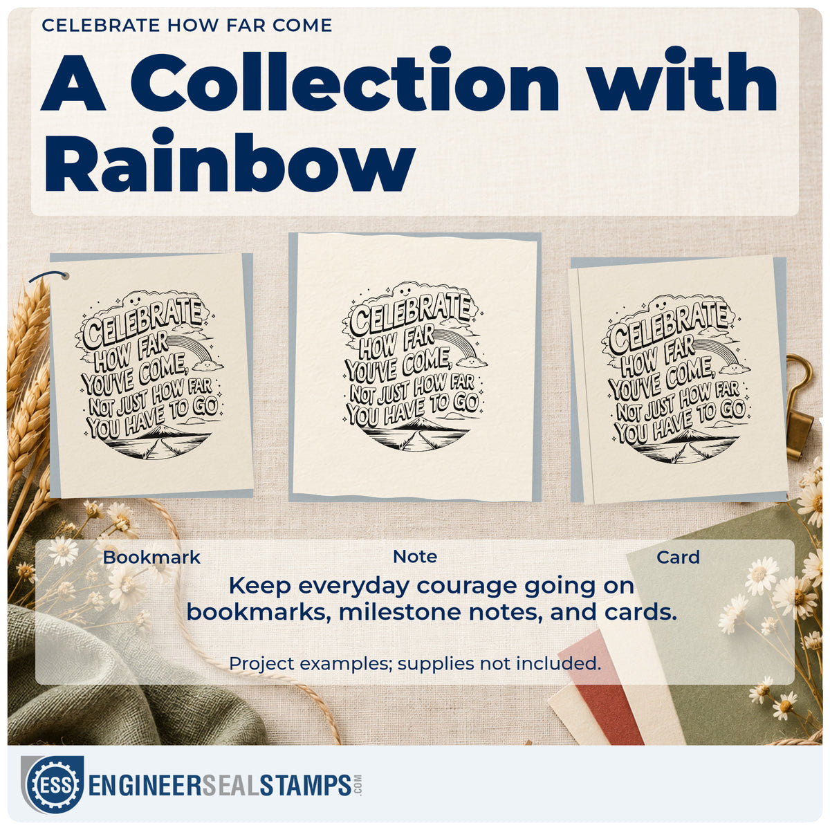 Three project examples made with the Vintage Pro Celebrate How Far Come Premium Wooden Stamp, including reading log sheet.