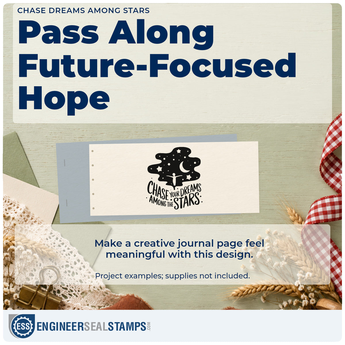 A finished handmade project stamped with the Chase Dreams Among Stars Premium Wooden Stamp – Vintage Pro, ideal for astro album page.