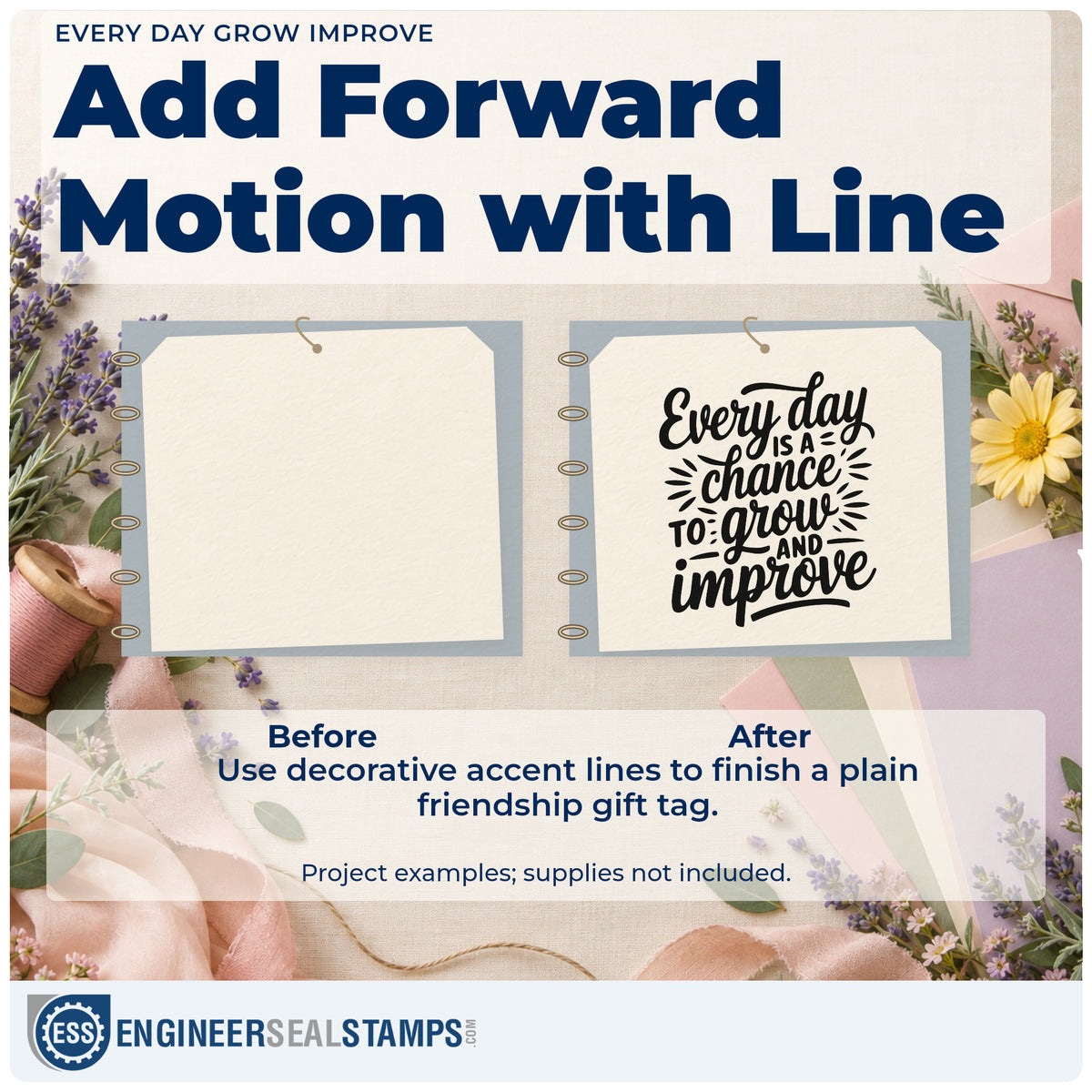Before and after of a plain item finished with the Every Day Is A Chance To Grow And Improve Slim Pre-Inked Stamp, a quick upgrade for framed rehearsal hall.