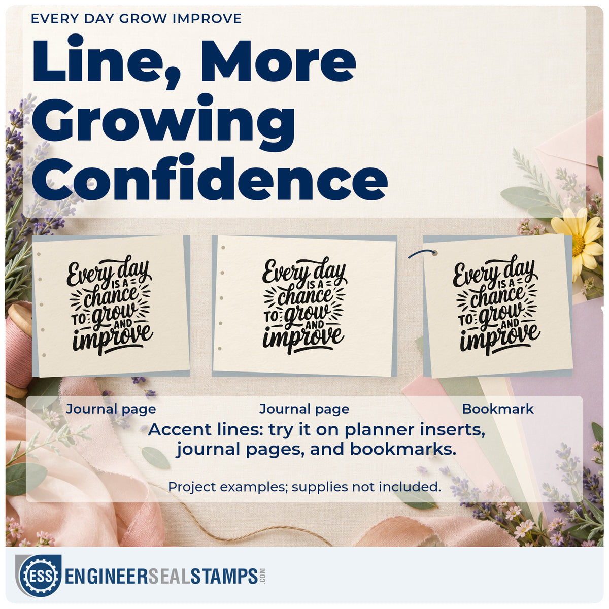 Three project examples made with the Every Day Is A Chance To Grow And Improve Rubber Stamp – Wood Handle, including rehearsal plan sheet.