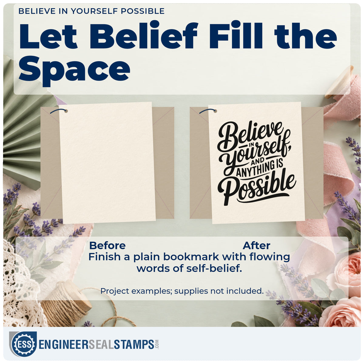 Before and after of a plain item finished with the Duo Hand Believe In Yourself And Anything Is Possible Rubber Stamp, a quick upgrade for framed shop bay.