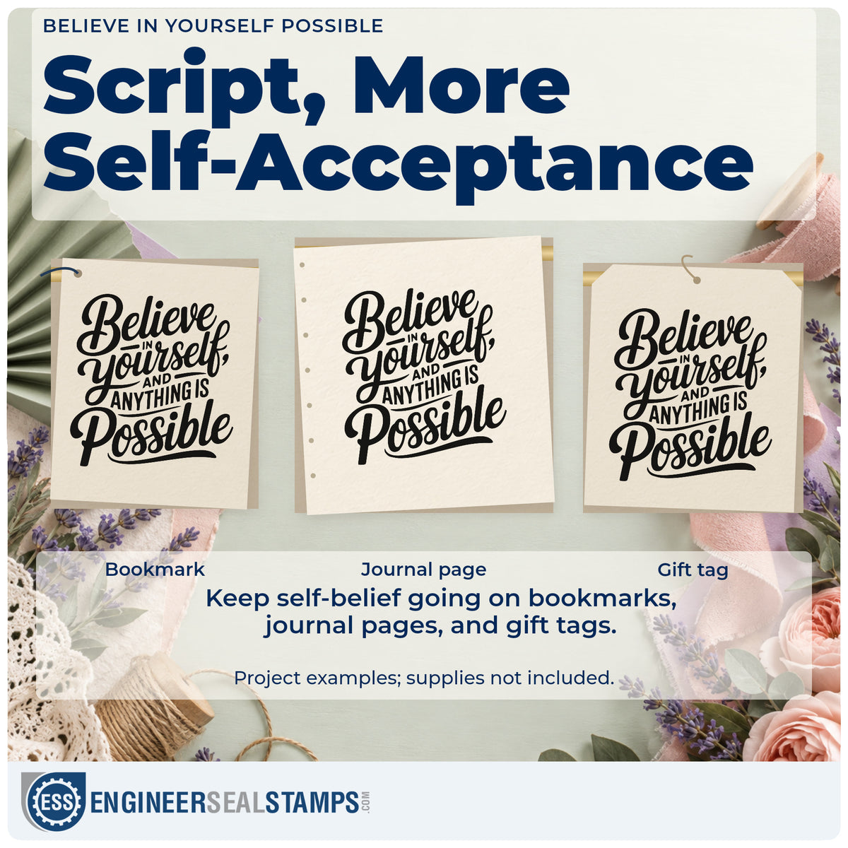 Three project examples made with the Duo Hand Believe In Yourself And Anything Is Possible Rubber Stamp, including joint practice sheet.
