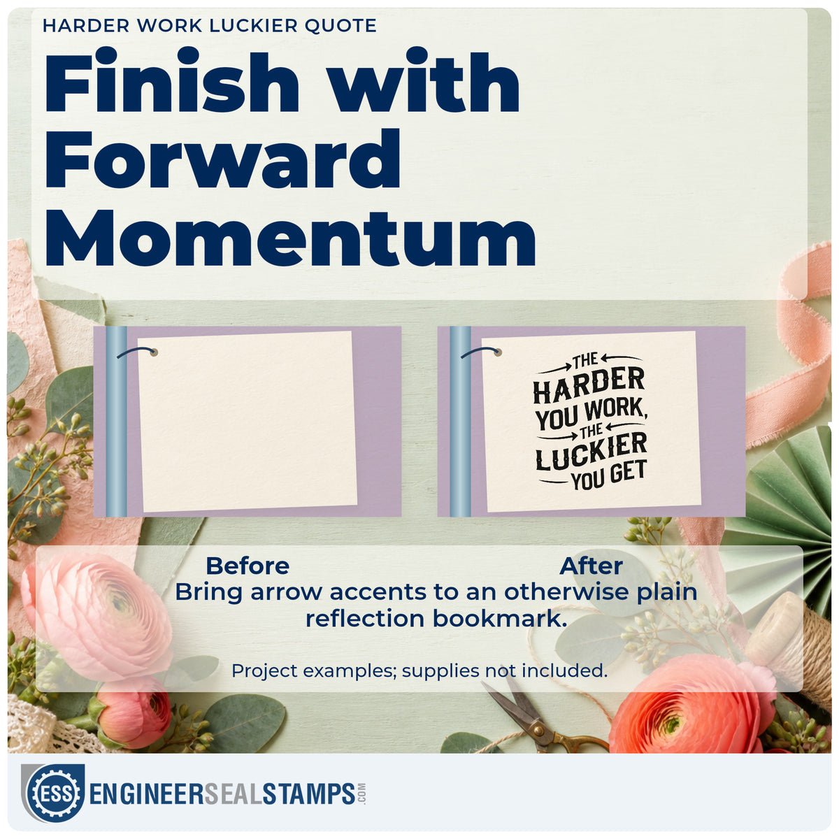 Before and after of a plain item finished with the The Harder You Work The Luckier You Get Self-Inking Craft Stamp, a quick upgrade for framed dock shed.
