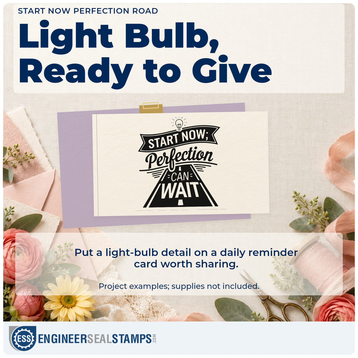 A finished handmade project stamped with the Premium Wooden Start Now Perfection Road Light Bulb Stamp – Vintage Pro, ideal for manual learn album page.