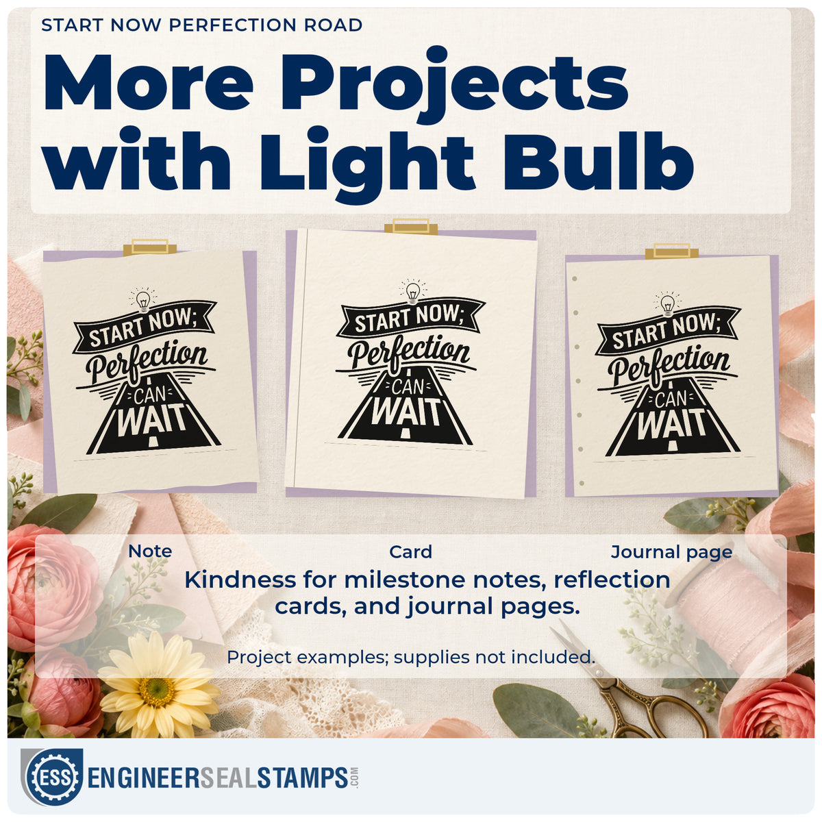 Three project examples made with the Premium Wooden Start Now Perfection Road Light Bulb Stamp – Vintage Pro, including practice hour sheet.