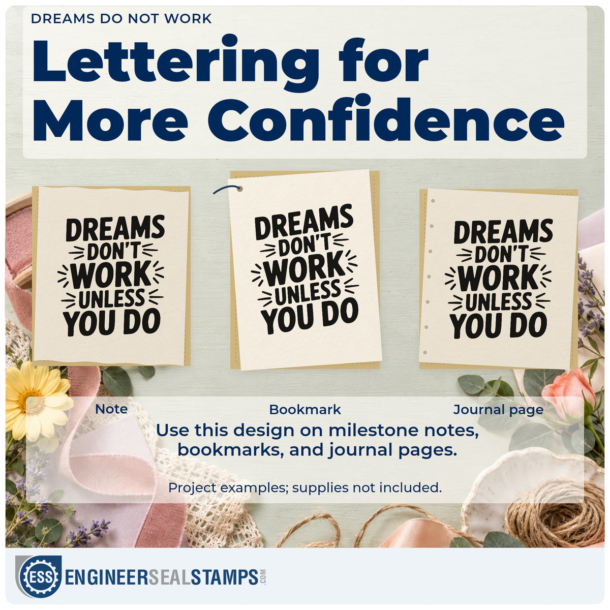 Three project examples made with the Dreams Do Not Work Rubber Stamp – Duo Hand, including task signoff sheet.
