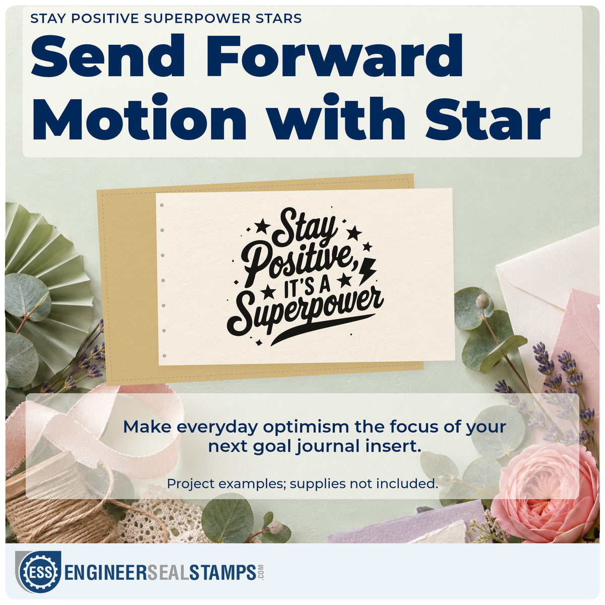 A finished handmade project stamped with the Stay Positive It's A Superpower Premium Wooden Stamp – Vintage Pro, ideal for comic term album page.