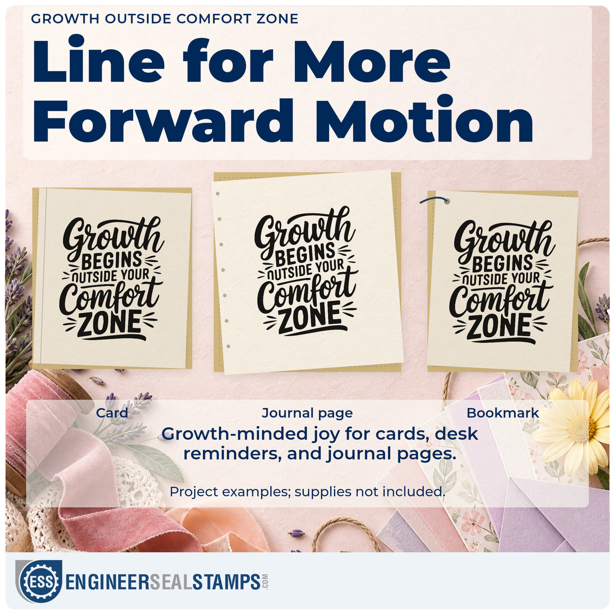 Three project examples made with the Growth Outside Comfort Zone Hand Stamp – Duo, including step learn sheet.