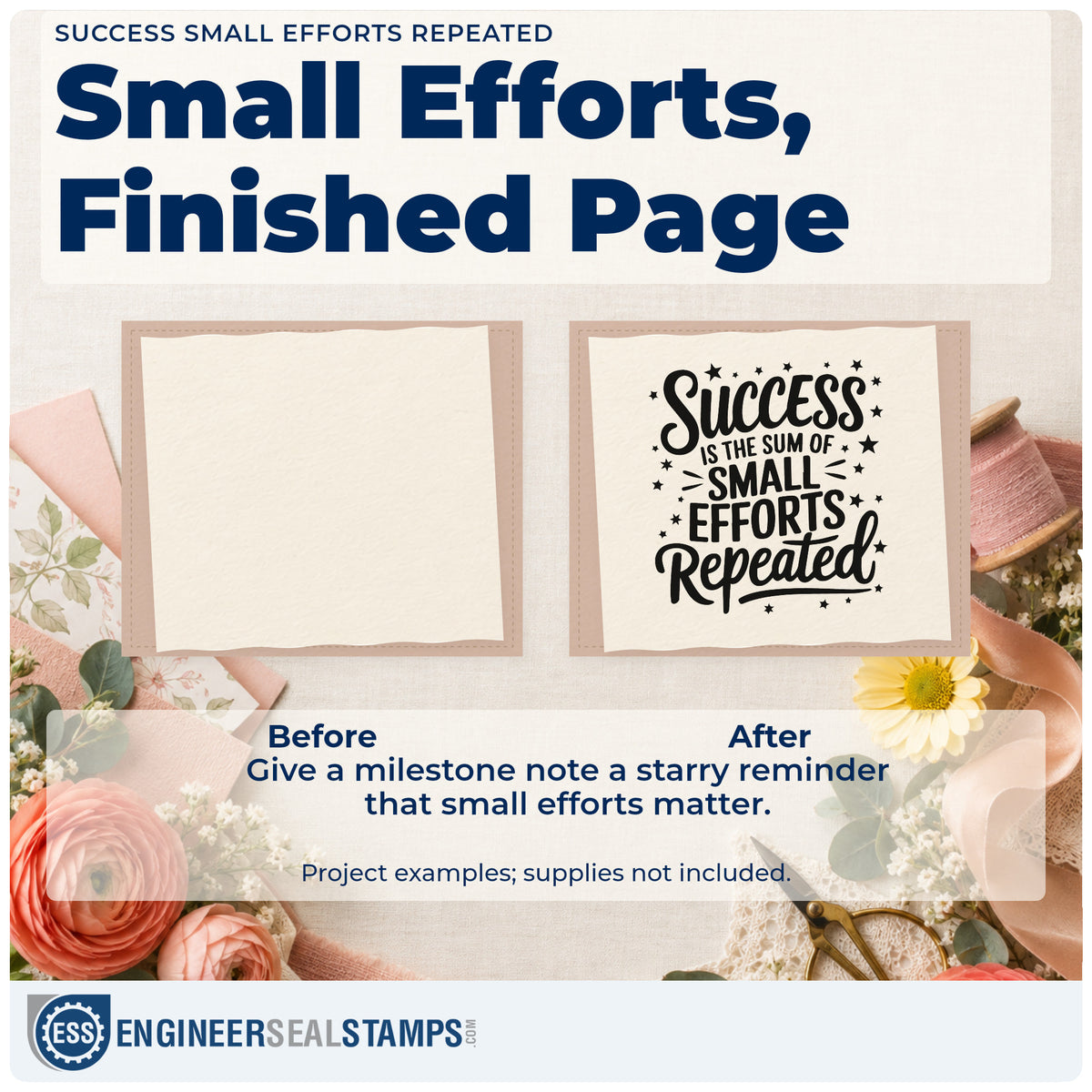 Before and after of a plain item finished with the Duo Hand Success Is The Sum Of Small Efforts Repeated Rubber Stamp, a quick upgrade for framed shack wall.