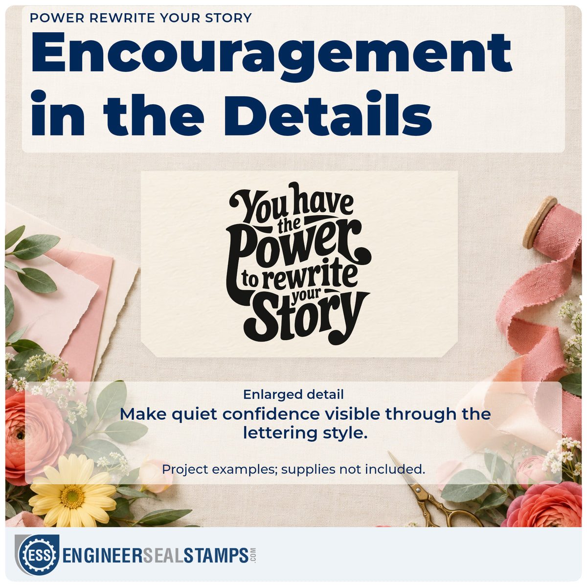 Enlarged detail of the Power Rewrite Your Story Premium Wooden Stamp – Vintage Pro imprint. You have the Power to rewrite your Story appears in bold decorative lettering.