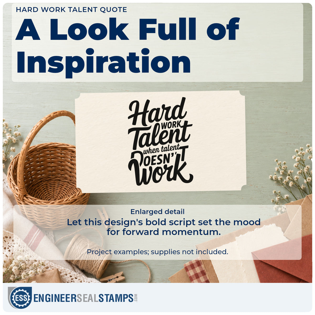 Enlarged detail of the Premium Wooden Hard Work Talent Word Art Stamp – Vintage Pro imprint. Hard WORK Talent when talent DOESN'T Work appears in tightly stacked bold script and capitals.