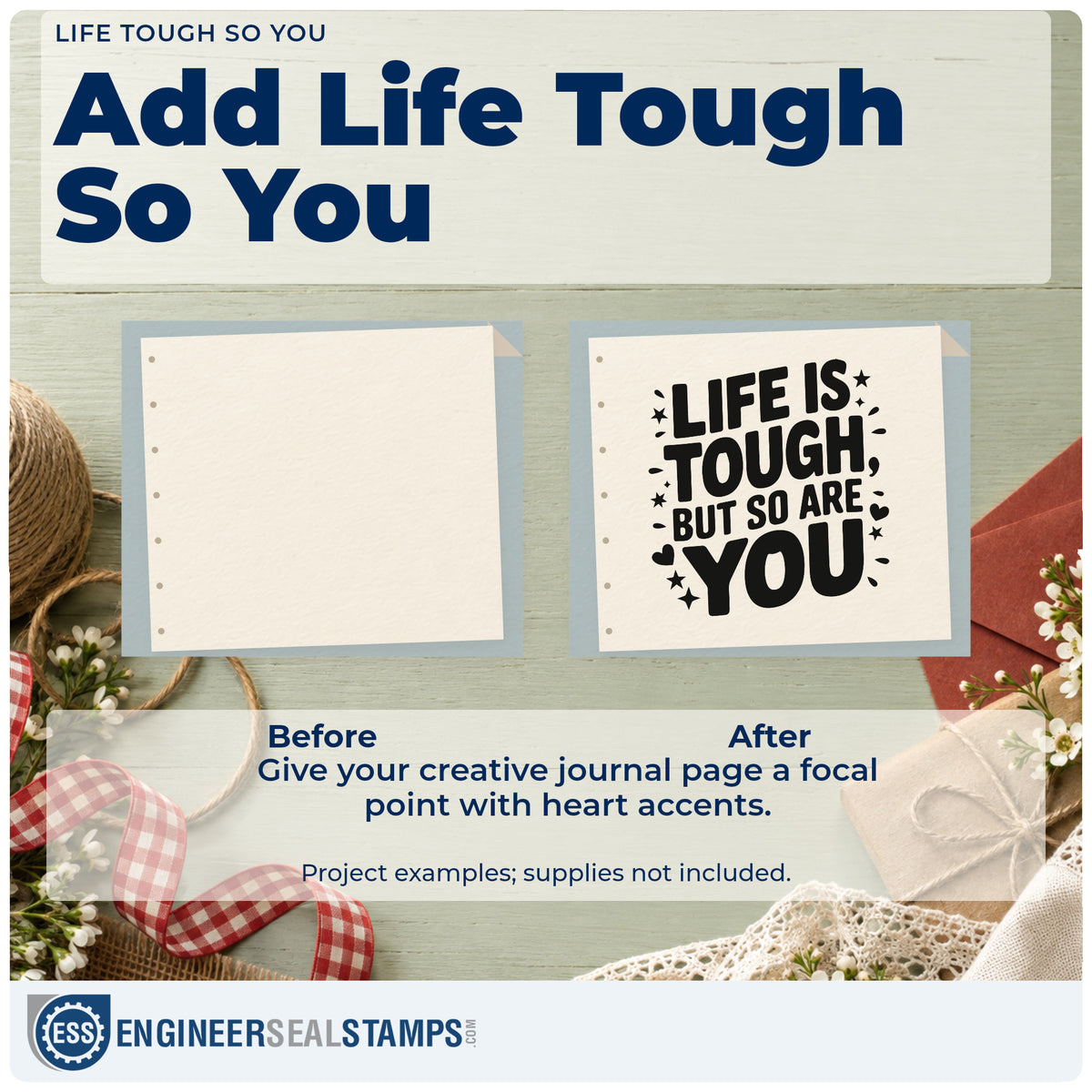 Before and after of a plain item finished with the Life Tough So You Hand Stamp – Duo, a quick upgrade for framed cab shelf.