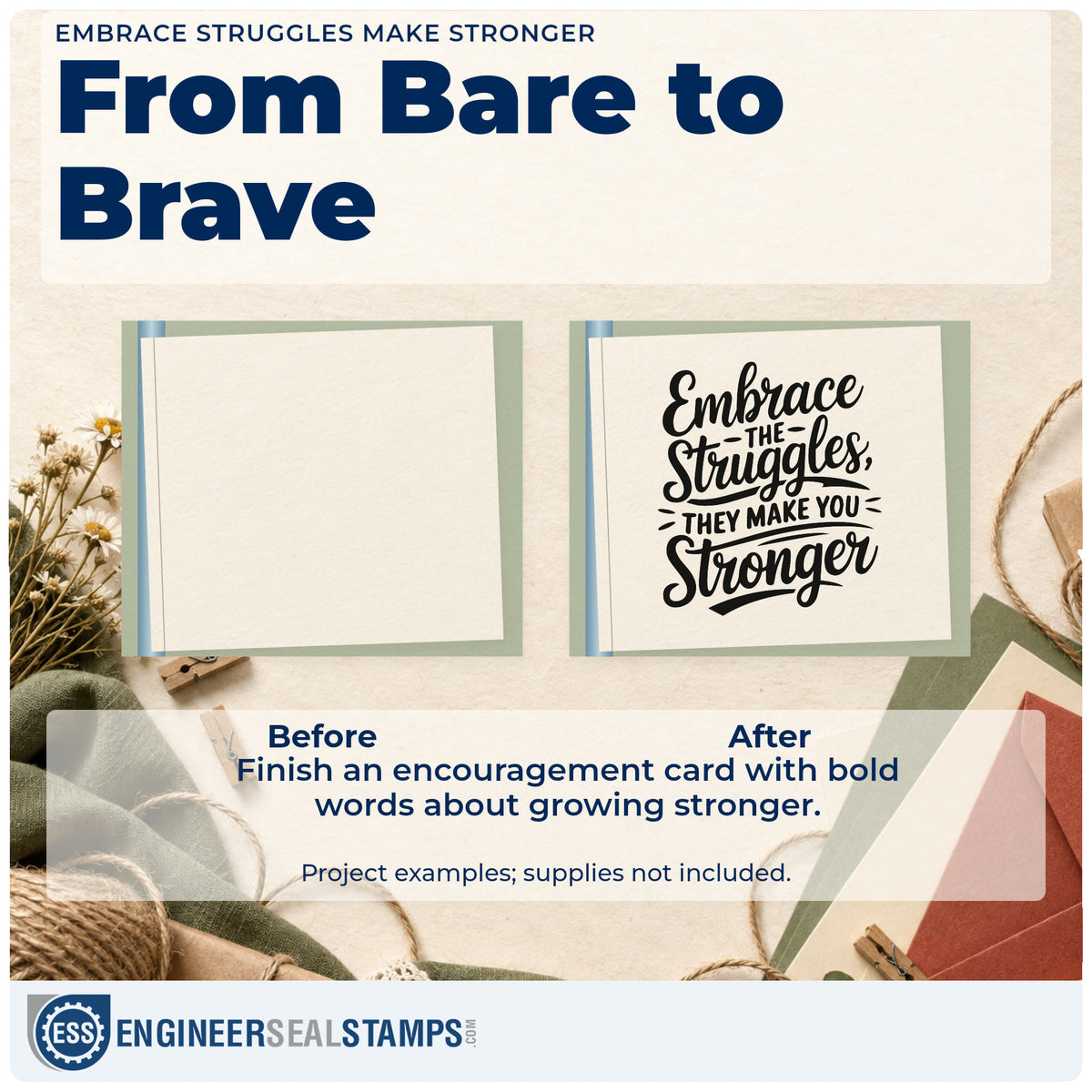 Before and after of a plain item finished with the Embrace Struggles Make Stronger Rubber Stamp – Duo Hand, a quick upgrade for framed carrel corner.