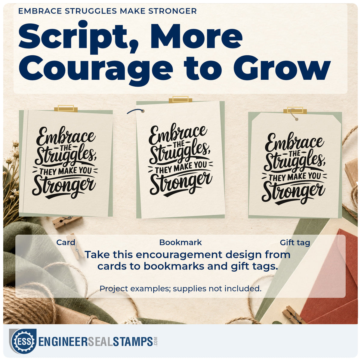 Three project examples made with the Embrace Struggles Make Stronger Rubber Stamp – Duo Hand, including reading load sheet.