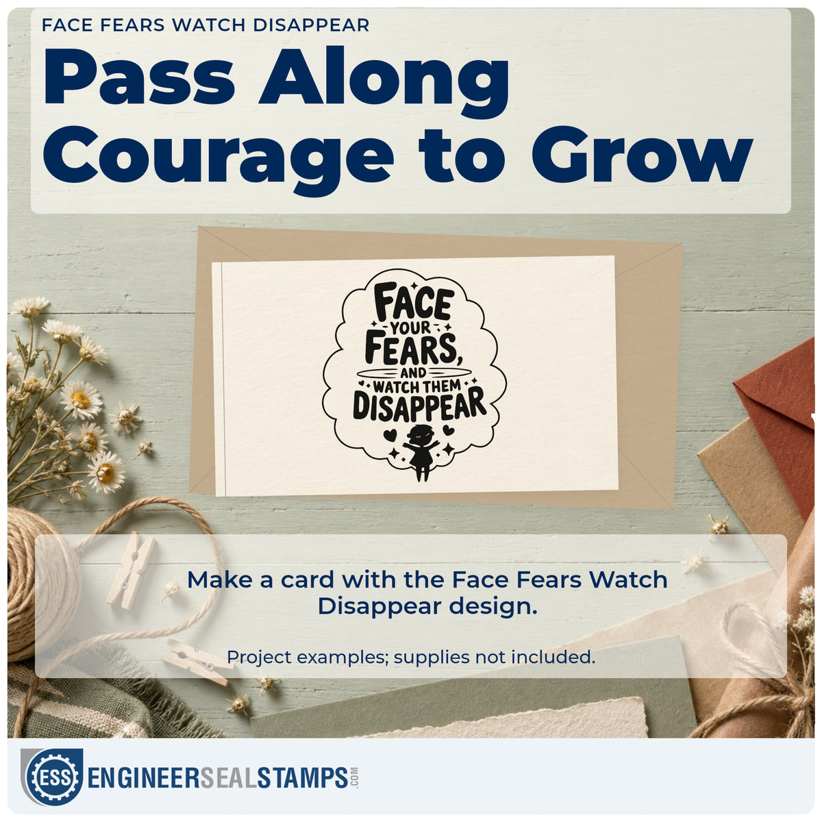 A finished handmade project stamped with the Face Fears Watch Disappear Premium Wood-Mounted Stamp – Vintage Pro, ideal for first flight album page.