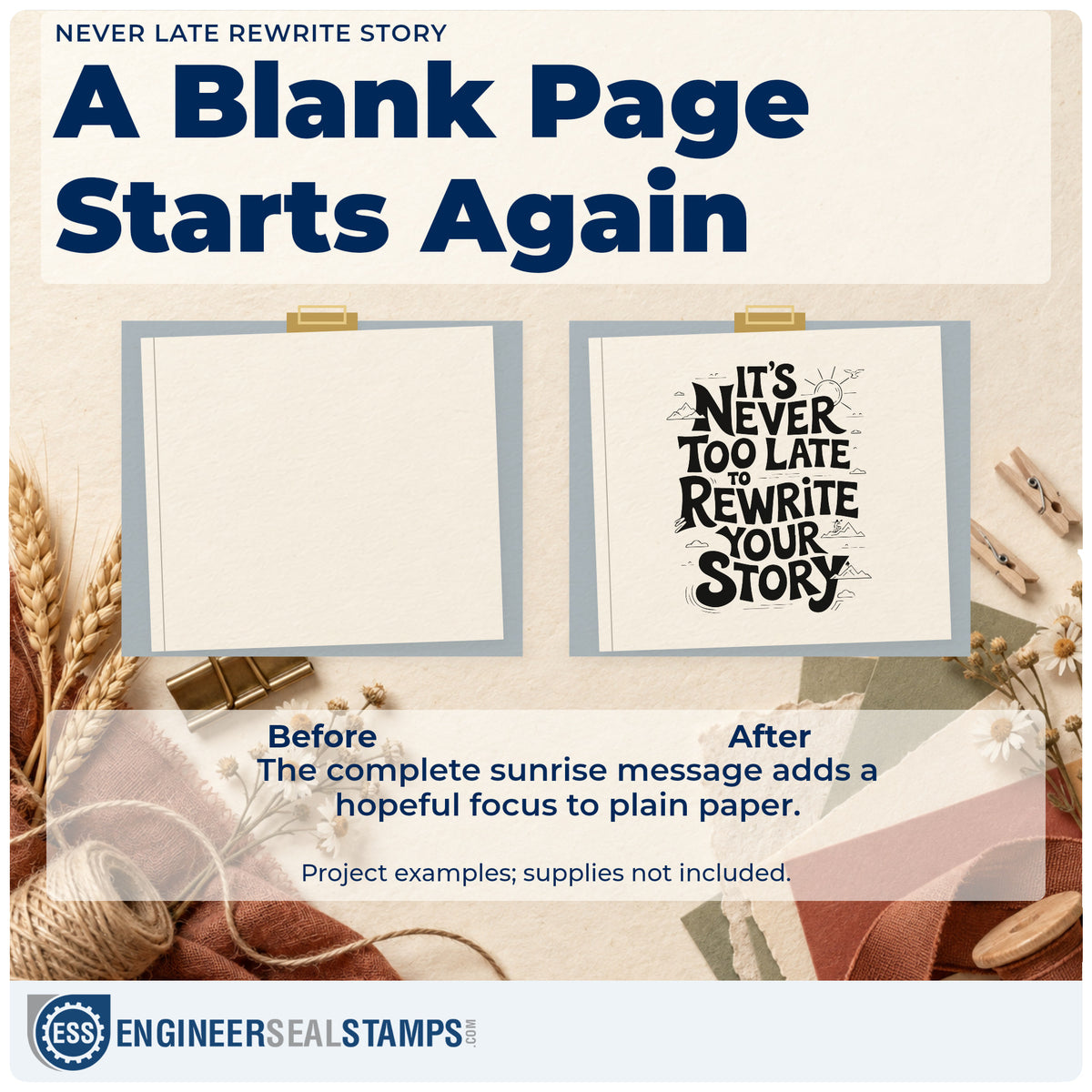 Before and after of a plain item finished with the It's Never Too Late To Rewrite Your Story Compact Pre-Inked Stamp – Slim, a quick upgrade for framed hall entry.