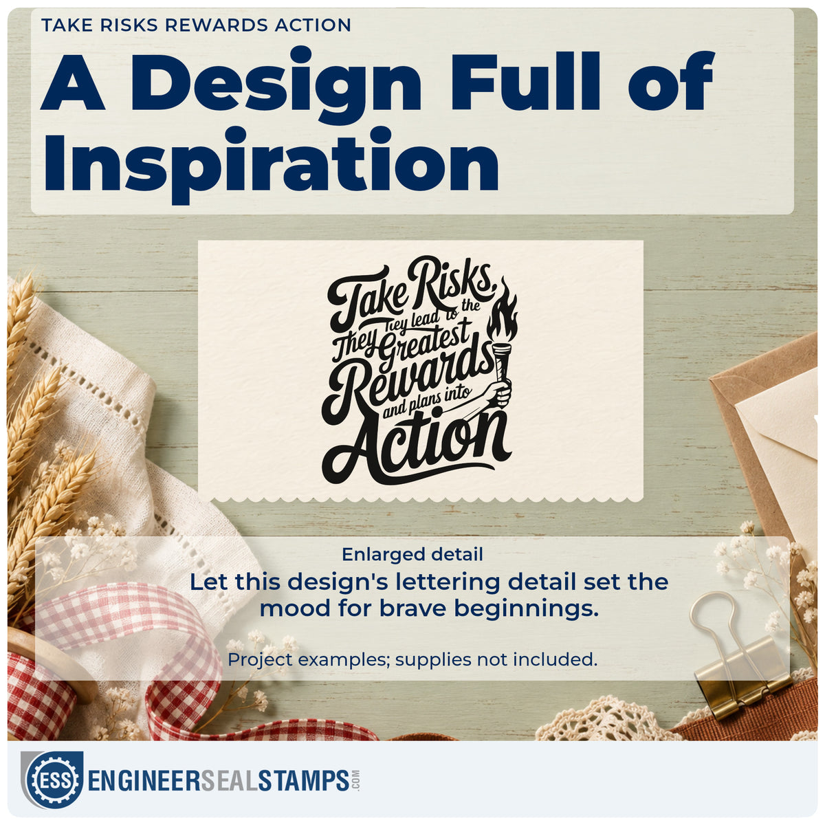 Enlarged detail of the Torch And Greatest Rewards Word Art Slim Pre-Inked Stamp imprint. A hand holding a torch accompanies Take Risks, Greatest Rewards, and Action lettering with malformed smaller connecting text and and plans into above Action.