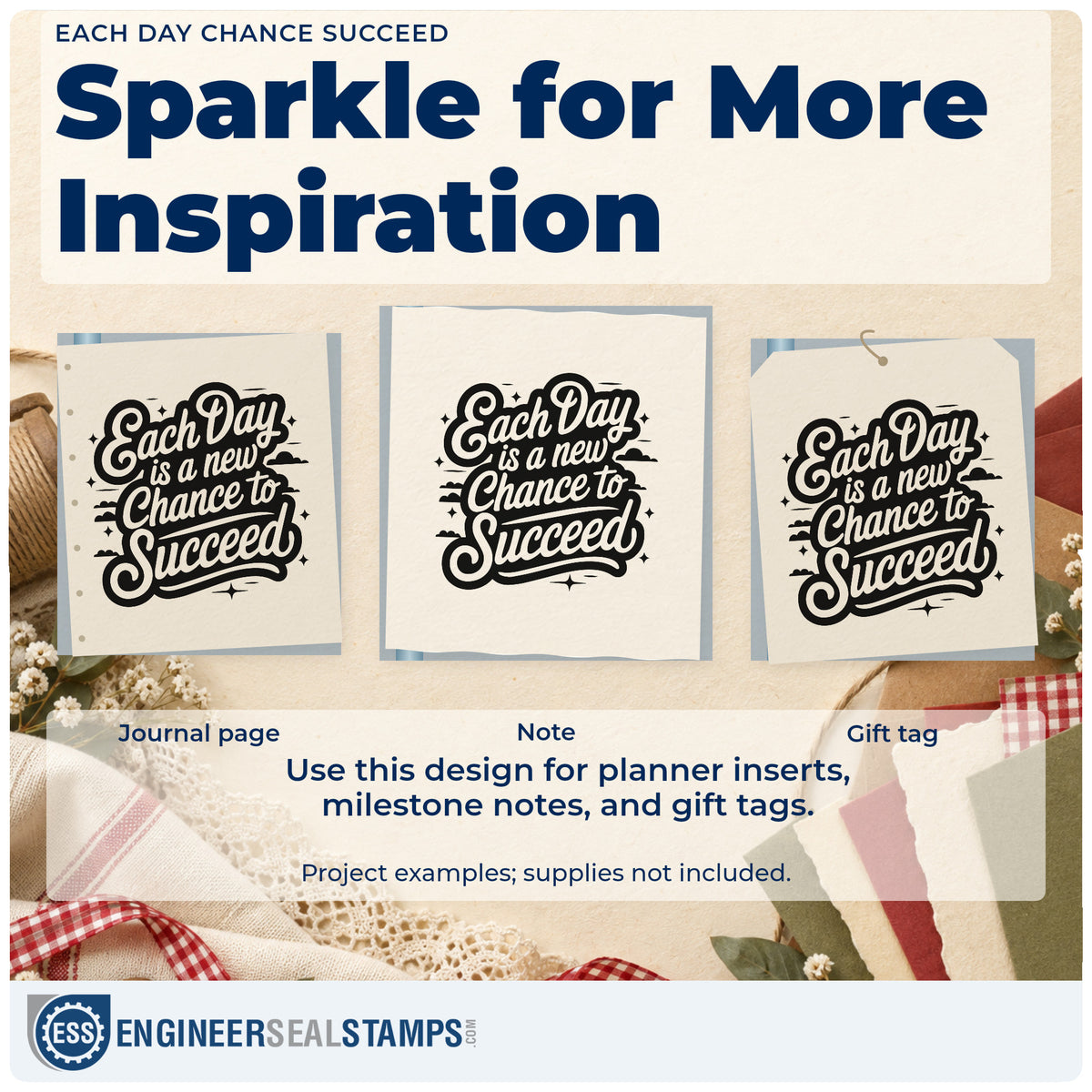 Three project examples made with the Each Day Is A New Chance To Succeed Slim Pre-Inked Stamp, including round order sheet.