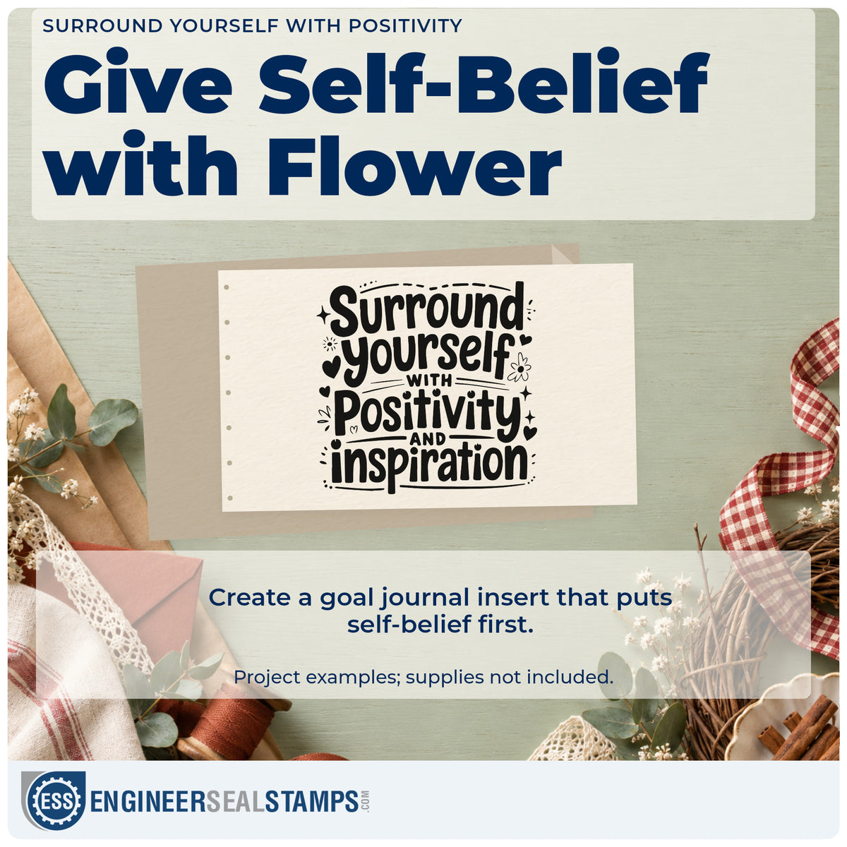 A finished handmade project stamped with the Surround Yourself With Positivity And Inspiration Rubber Stamp – Duo Hand, ideal for board year album page.