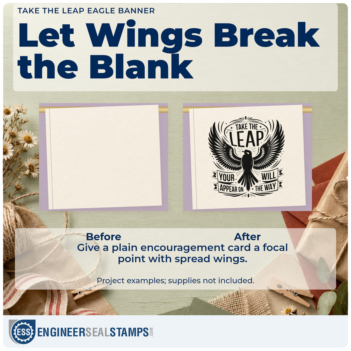 Before and after of a plain item finished with the Spread-Wing Bird With Take The Leap Rubber Stamp – Duo Hand, a quick upgrade for framed mews door.