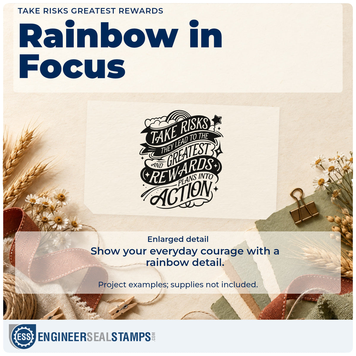 Enlarged detail of the Clouds And Greatest Rewards Lettering Stamp – Duo Hand imprint. TAKE RISKS THEY LEAD TO THE AND GREATEST REWARDS PLANS INTO ACTION appears on decorative ribbons with clouds and a rainbow.
