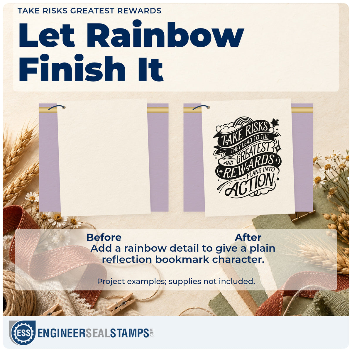 Before and after of a plain item finished with the Clouds And Greatest Rewards Lettering Rubber Stamp – Wood Handle, a quick upgrade for framed work room.