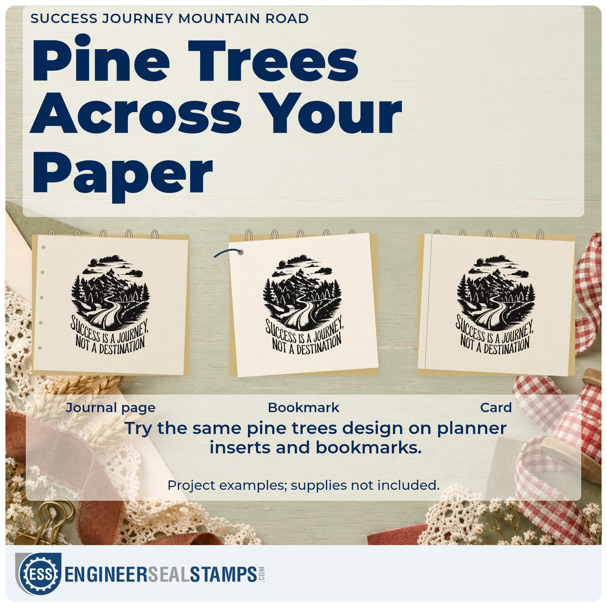 Three project examples made with the Success Journey Mountain Road PSI Pre-Inked Stamp, including street tick sheet.