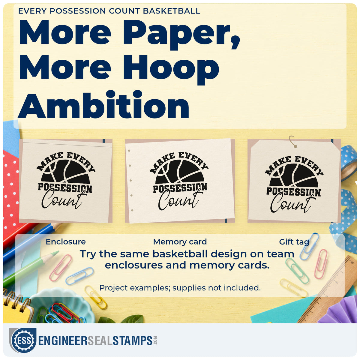 Three project examples made with the Premium Wooden Every Possession Count Basketball Arch Stamp – Vintage Pro, including trip plan sheet.
