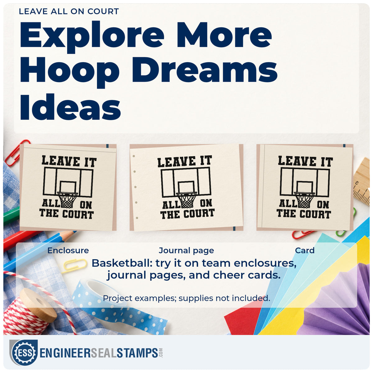 Three project examples made with the Leave All On Court Premium Wood-Mounted Stamp – Vintage Pro, including ceremony run sheet.
