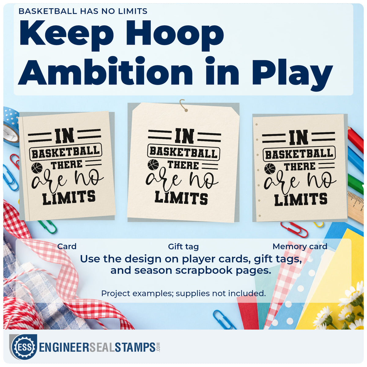 Three project examples made with the In Basketball There Are No Limits Stamp – Wood Handle, including shot count sheet.