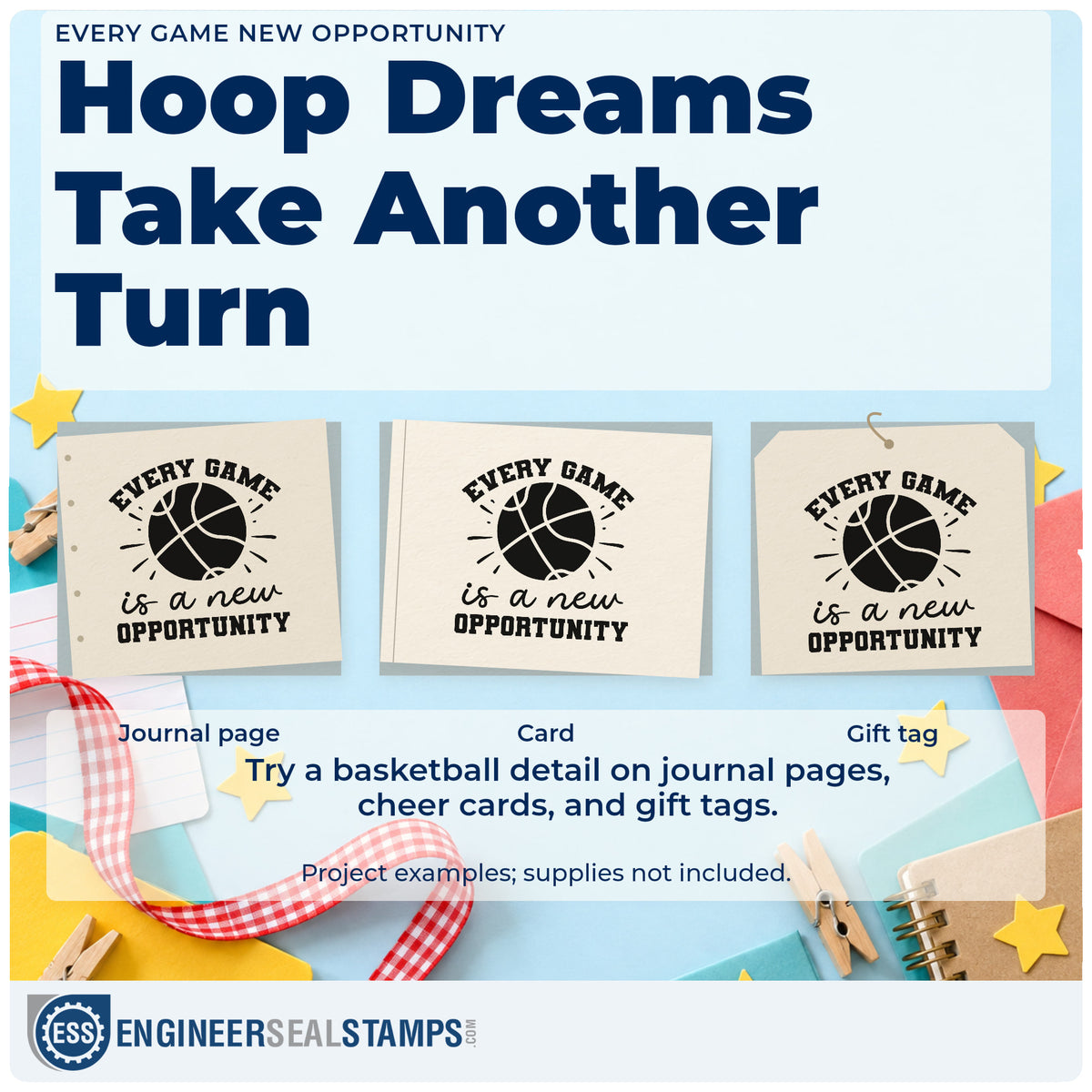 Three project examples made with the Every Game New Opportunity Hand Stamp – Duo, including bracket result sheet.