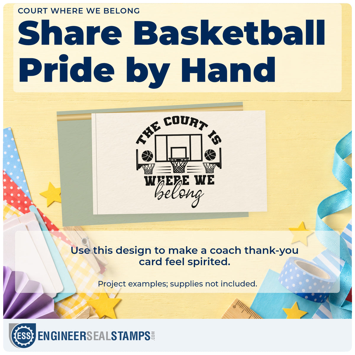 A finished handmade project stamped with the The Court Is Where We Belong Wood Handle Stamp, ideal for open gym album page.