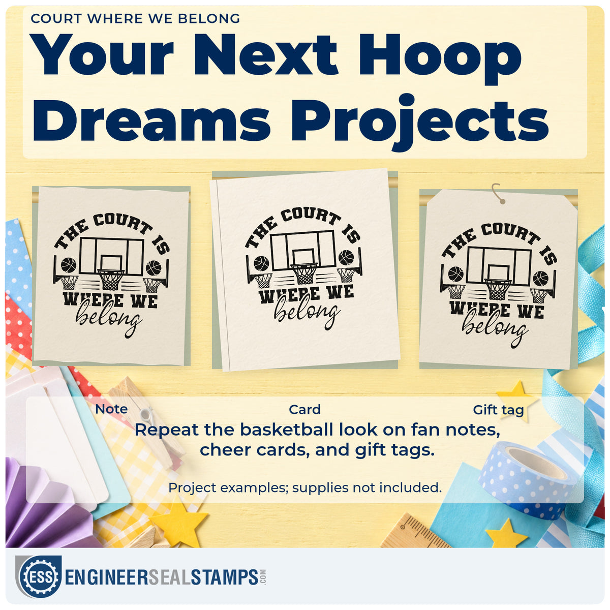 Three project examples made with the The Court Is Where We Belong Wood Handle Stamp, including night signup sheet.