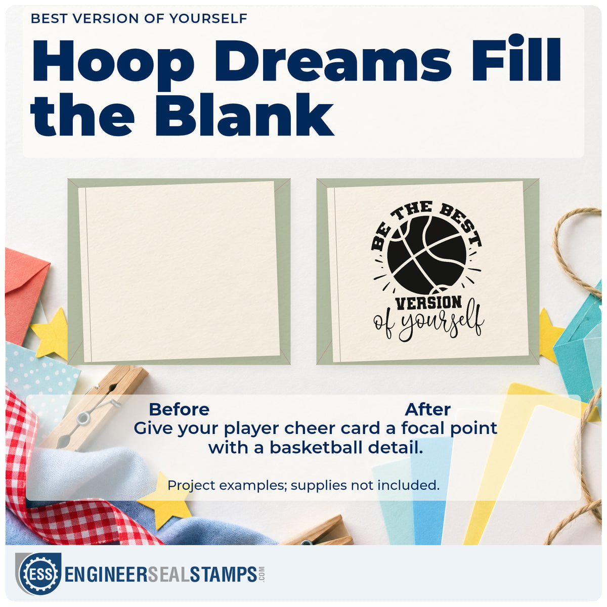 Before and after of a plain item finished with the Best Version Of Yourself Hand Stamp – Duo, a quick upgrade for framed side court.