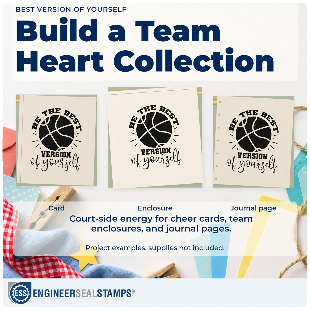 Three project examples made with the Best Version Of Yourself Stamp – Slim Pre-Inked, including workout plan sheet.