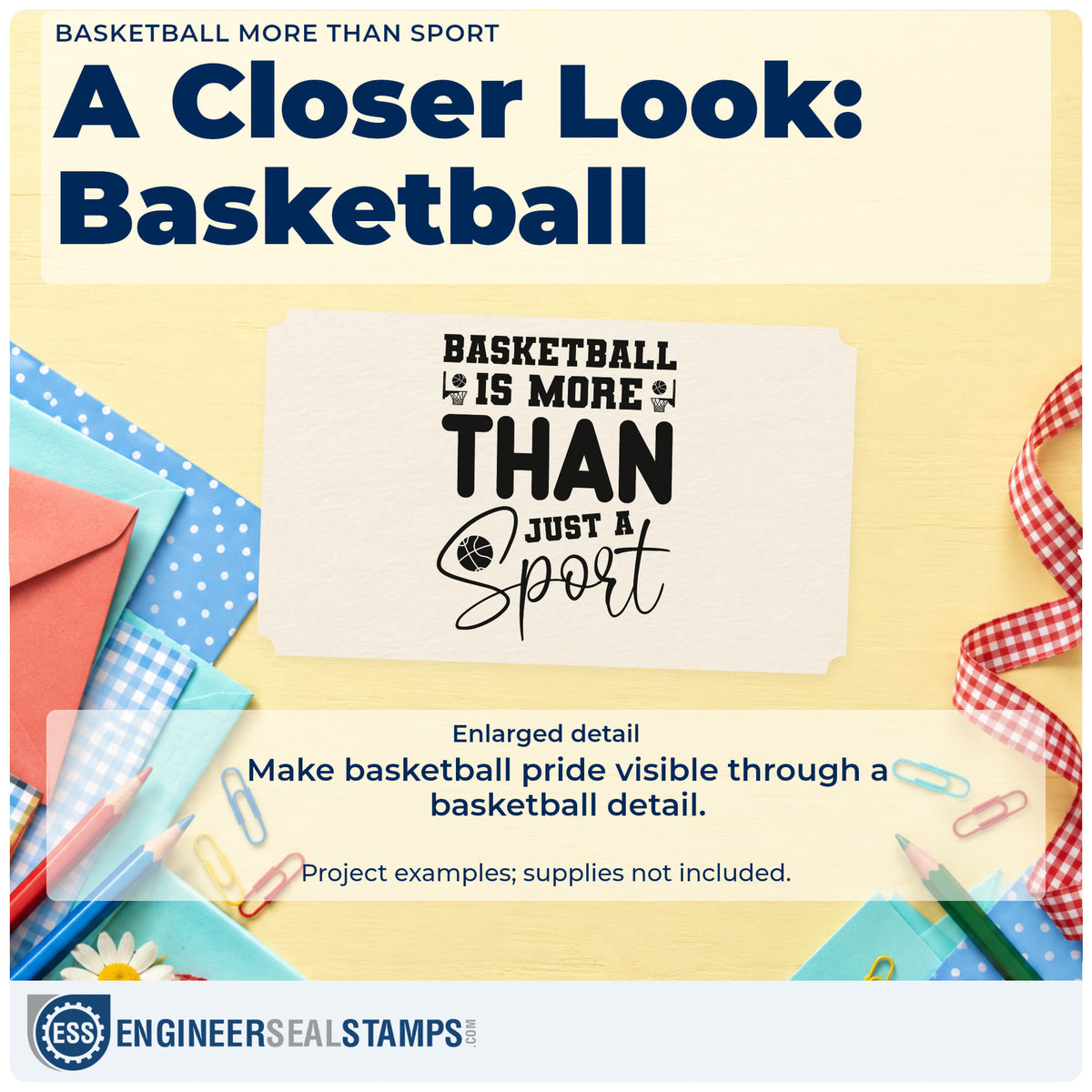 Enlarged detail of the Basketball Is More Than Just A Sport Rubber Stamp – Duo Hand imprint. BASKETBALL IS MORE THAN JUST A Sport appears with small basketballs and hoops.