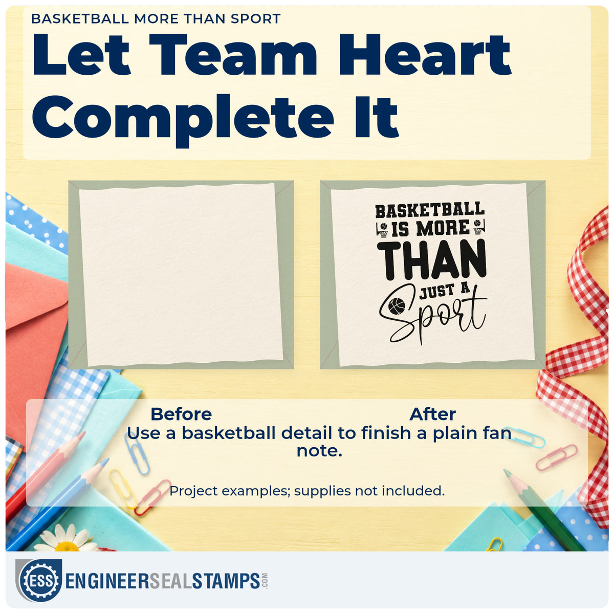 Before and after of a plain item finished with the Basketball Is More Than Just A Sport Rubber Stamp – Duo Hand, a quick upgrade for framed fellowship hall.
