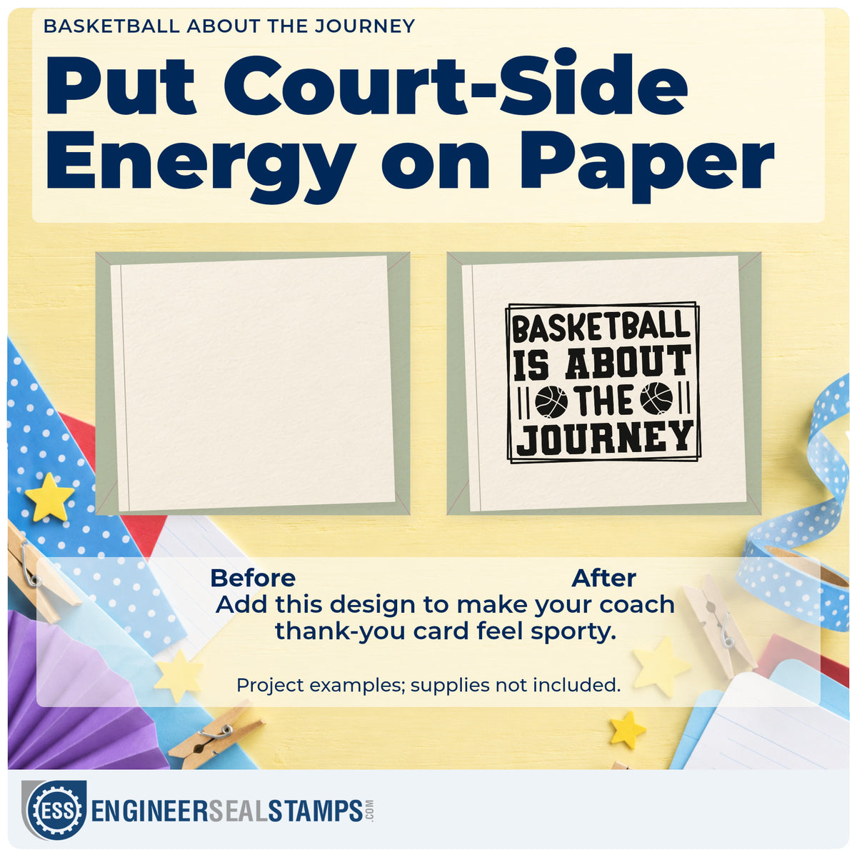 Before and after of a plain item finished with the Basketball About The Journey Pre-Inked Stamp – Slim, a quick upgrade for framed gym lobby.