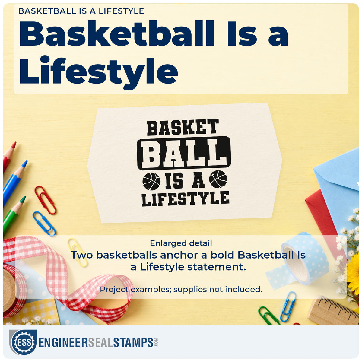 Enlarged detail of the Basketball Is A Lifestyle Block Lettering Compact Pre-Inked Stamp – Slim imprint. BASKET BALL IS A LIFESTYLE appears in bold block lettering with two basketballs.