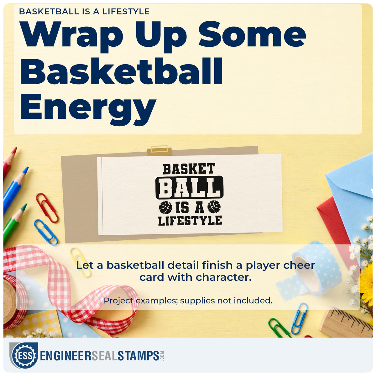A finished handmade project stamped with the Basketball Is A Lifestyle Block Lettering Stamp – Wood Handle, ideal for court album page.