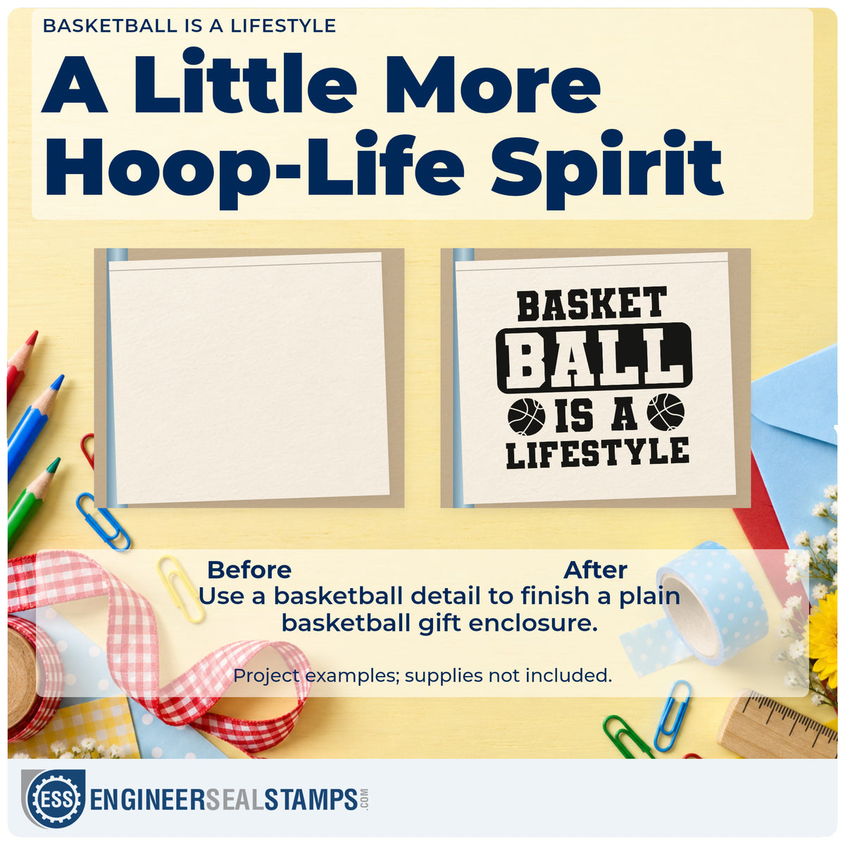 Before and after of a plain item finished with the Basketball Is A Lifestyle Block Lettering Compact Pre-Inked Stamp – Slim, a quick upgrade for framed park shelter.