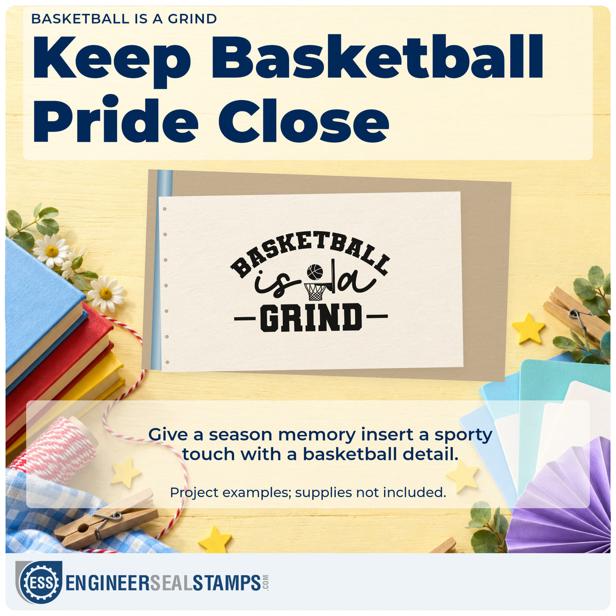 A finished handmade project stamped with the Basketball Is A Grind Premium Wood-Mounted Stamp – Vintage Pro, ideal for morning album page.